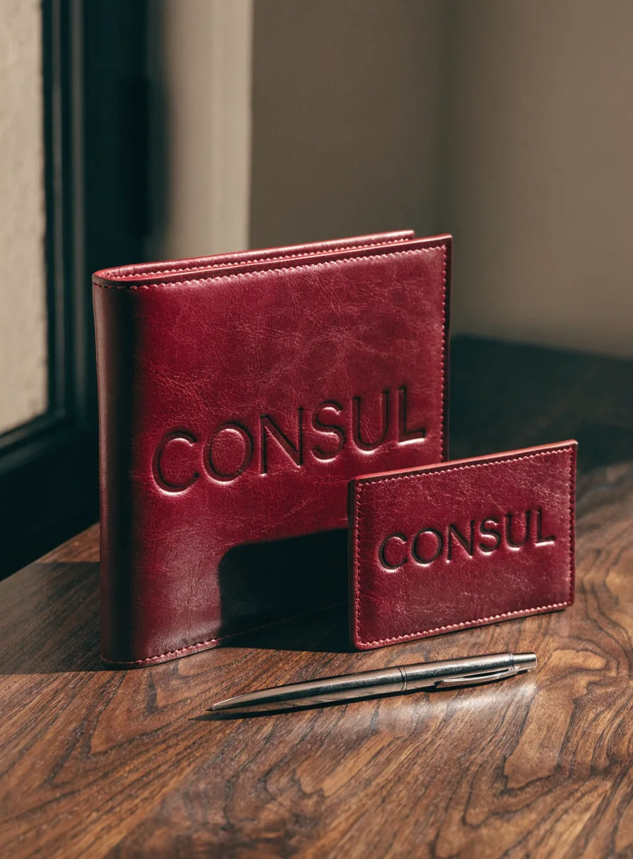 set ejecutivo de piel vino con carpeta y tarjetero repujados con la marca ficticia CONSUL y una pluma, sobre una mesa de nogal