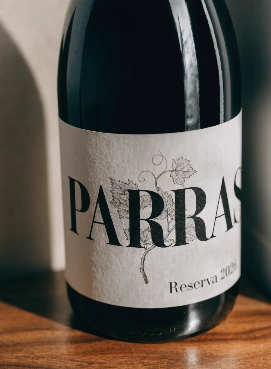 etiqueta de papel de algodón sobre una botella de vino oscura, con la palabra PARRAS en tipografía romana, un dibujo de hojas de vid a línea y la leyenda Reserva 2026