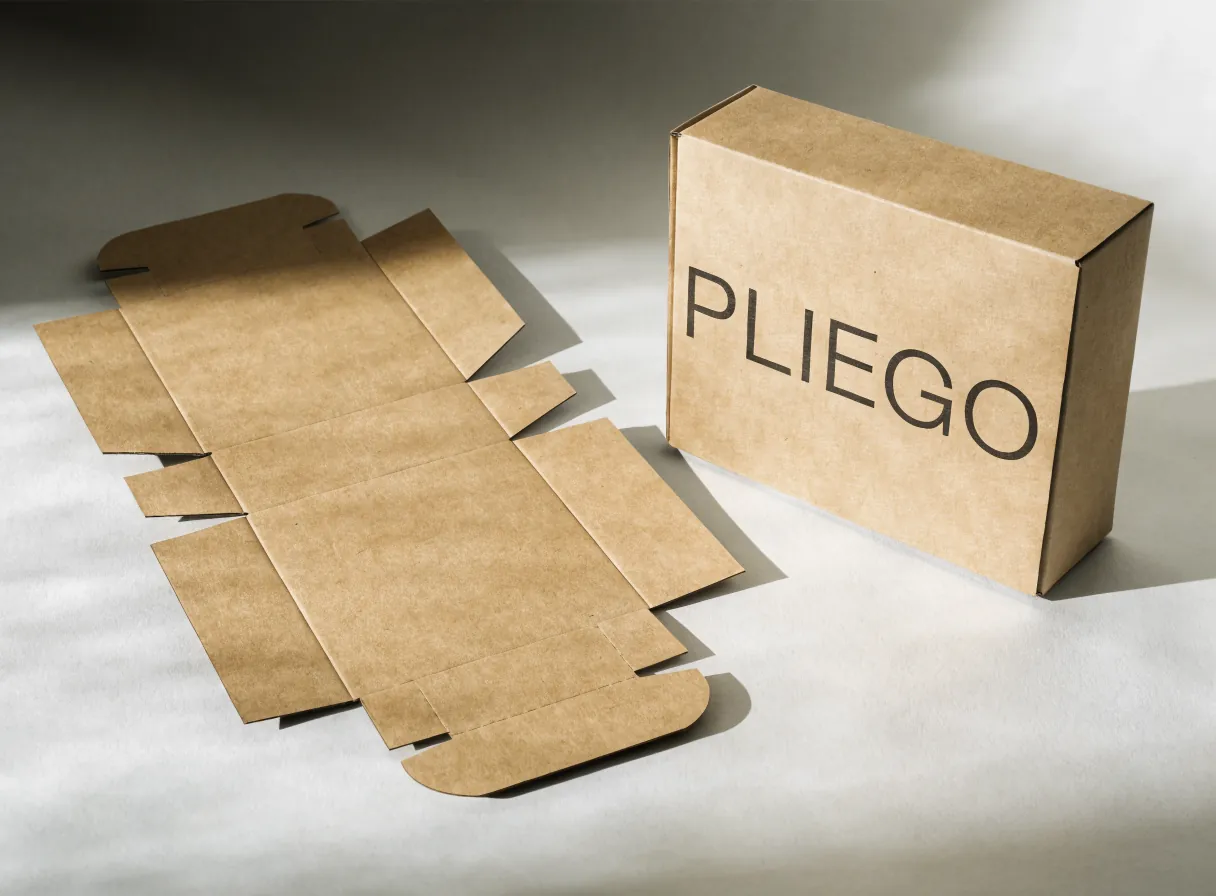 caja mailer de cartón kraft con PLIEGO impreso, de pie junto al troquel plano extendido que muestra el suaje antes de armarse