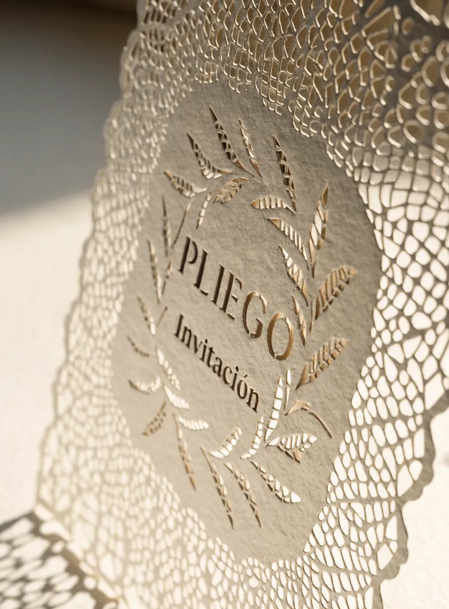 invitación de papel calada a láser con un encaje de aros finísimos y un medallón central que dice PLIEGO Invitación, proyectando su sombra de encaje sobre la pared