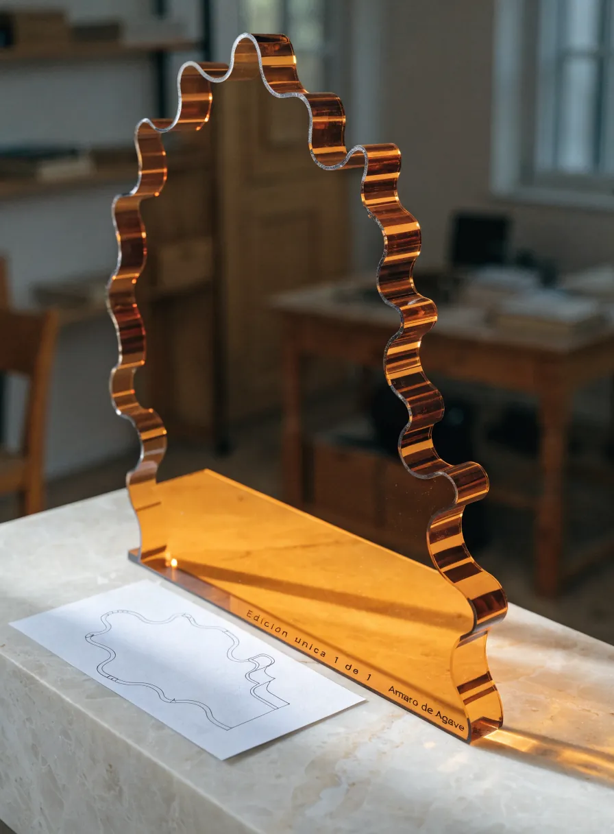escultura de acrílico ámbar cortada en una silueta ondulada de forma libre, de pie sobre mármol, con su plano de corte dibujado a un lado y el canto grabado Edición única 1 de 1