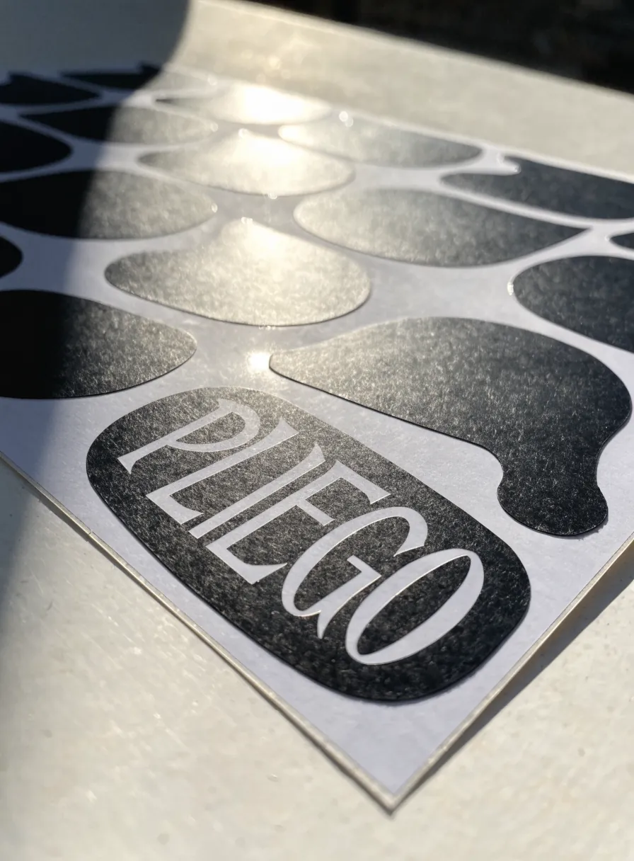 hoja de stickers de vinil metálico plateado troquelados en formas orgánicas, con un sticker negro que dice PLIEGO en letras caladas, bajo sol directo