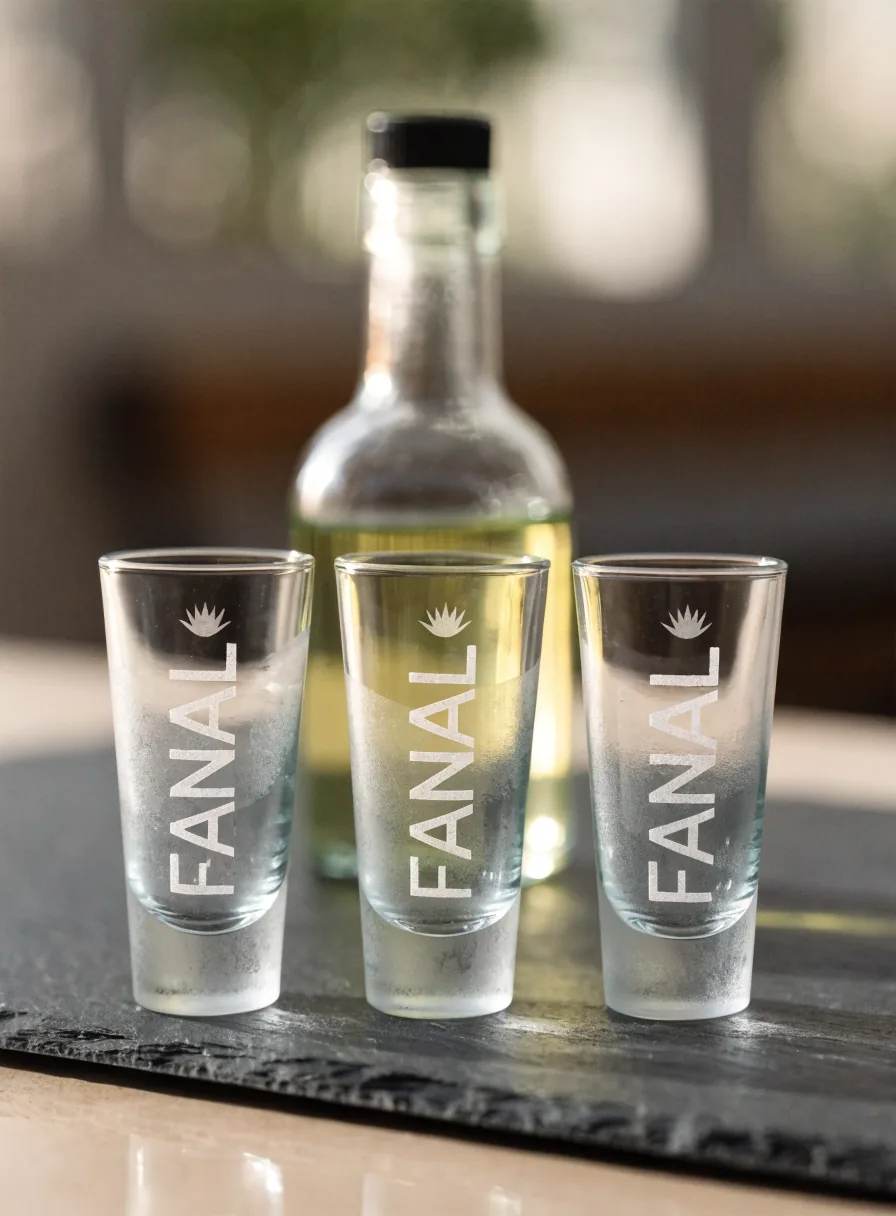 Tres caballitos de vidrio con la marca FANAL y un agave arenados, junto a una botella, sobre una tabla de pizarra