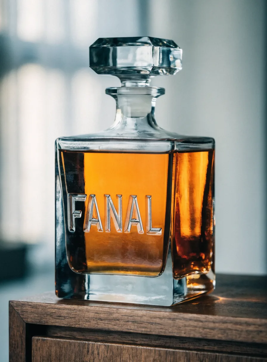 licorera cuadrada de cristal con tapón facetado y la marca ficticia FANAL grabada en relieve, con licor ámbar, sobre una superficie de nogal