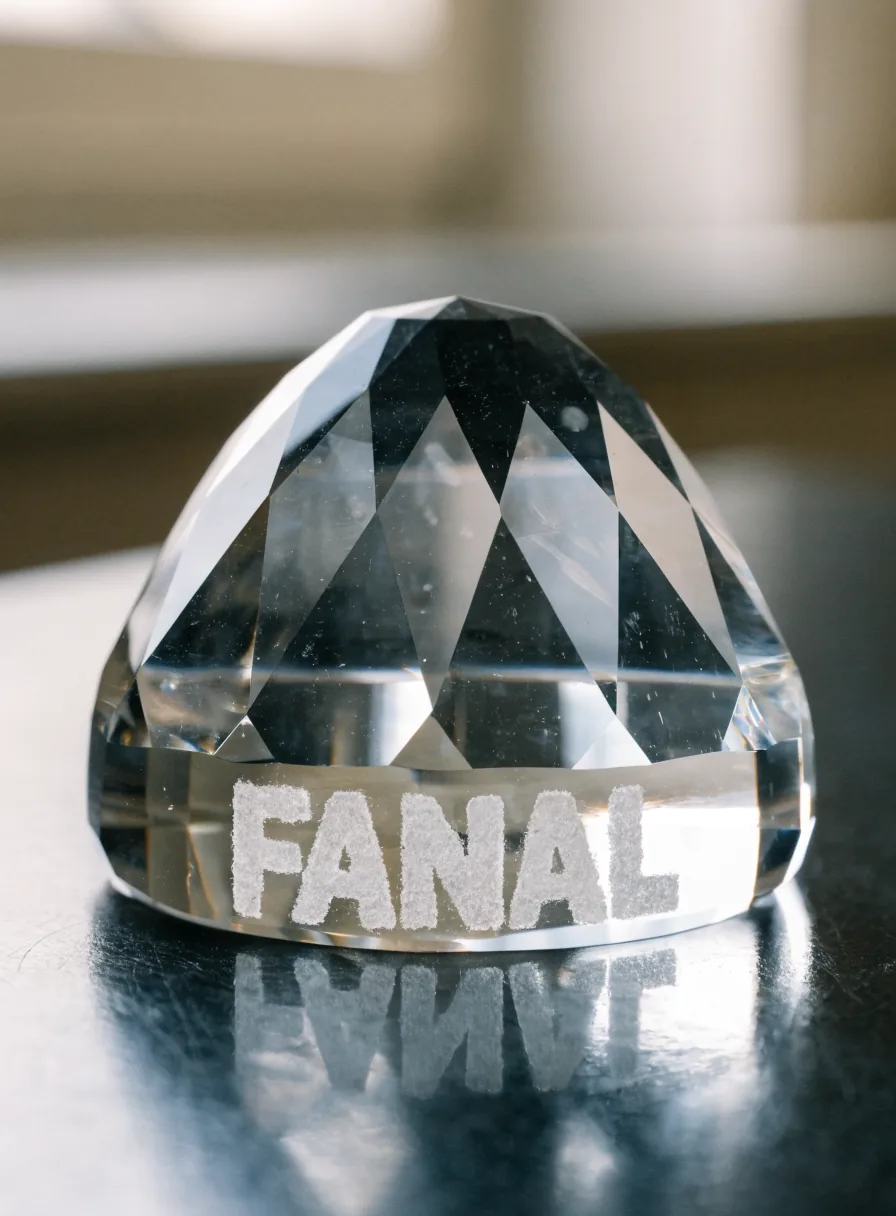 pisapapeles de cristal óptico facetado con la marca ficticia FANAL arenada en la base, sobre un escritorio oscuro