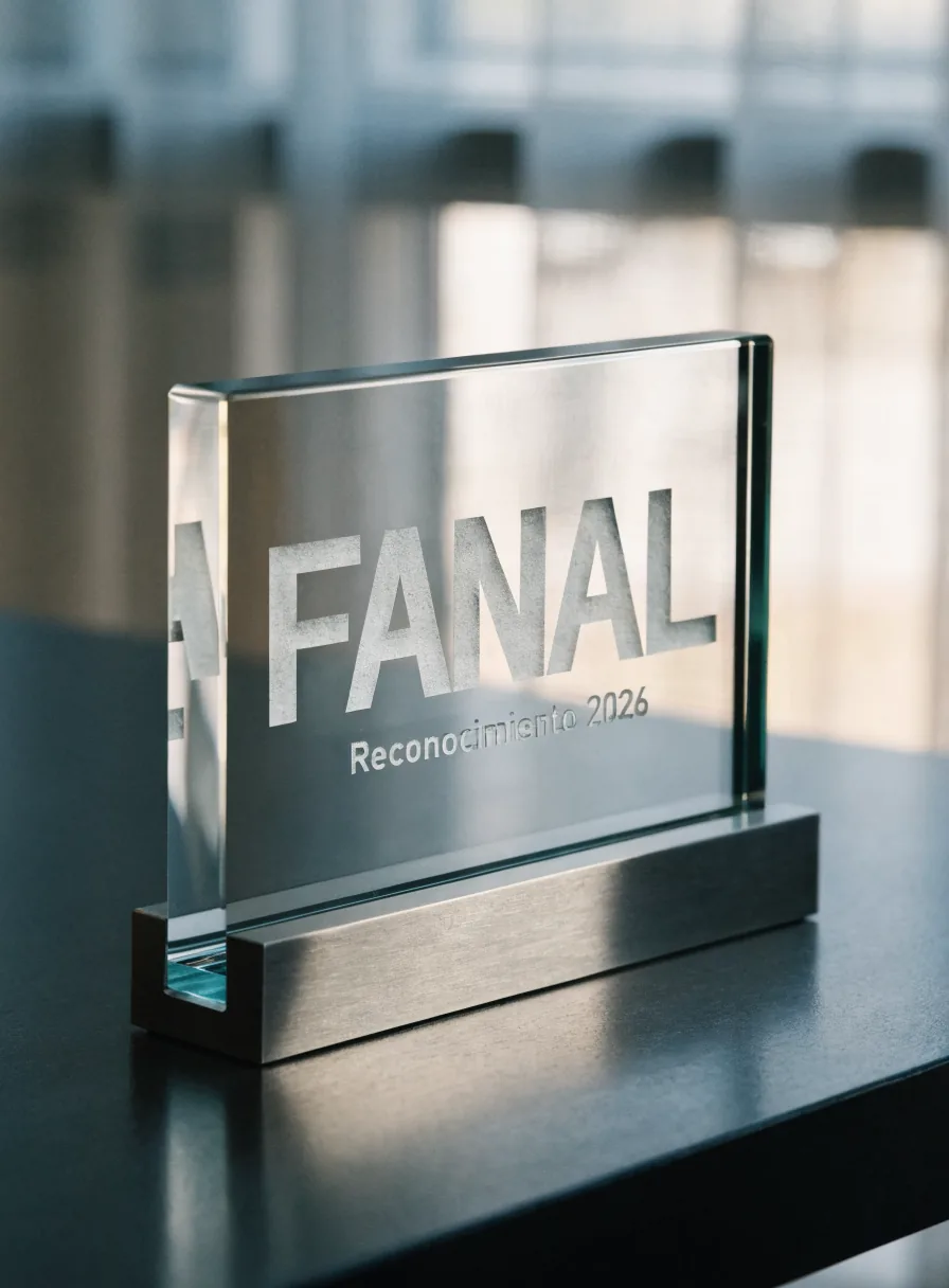 placa de vidrio plano con la marca ficticia FANAL y la leyenda Reconocimiento arenadas, montada en una base de acero cepillado, contra una ventana luminosa