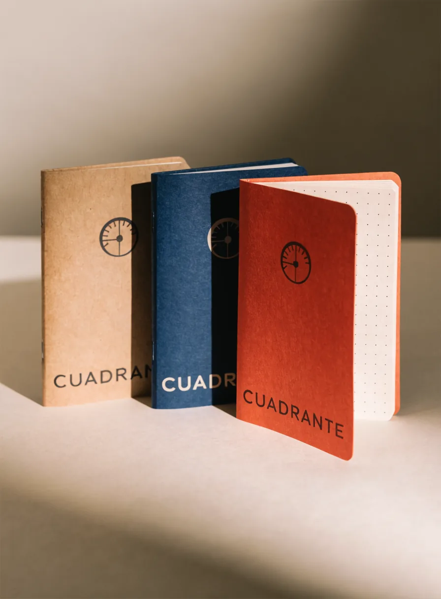cuatro libretas de bolsillo de tapa suave de la marca CUADRANTE en kraft, azul, azul marino y rojo, con el nombre impreso y hojas de puntos