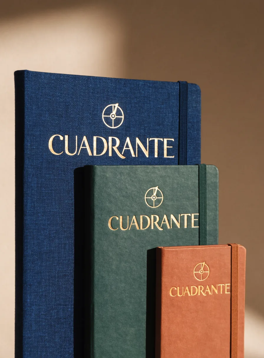 tres cuadernos de tapa dura entelada de la marca ficticia CUADRANTE en azul marino, verde y café, cada uno con el nombre en foil dorado y una liga de cierre