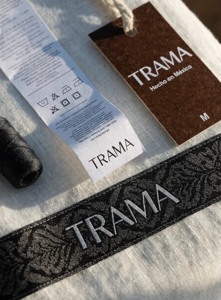 paquete de etiquetado de marca TRAMA con una etiqueta tejida, un hangtag de corcho Hecho en México talla M y una etiqueta de composición y cuidado, sobre lino con un carrete de hilo