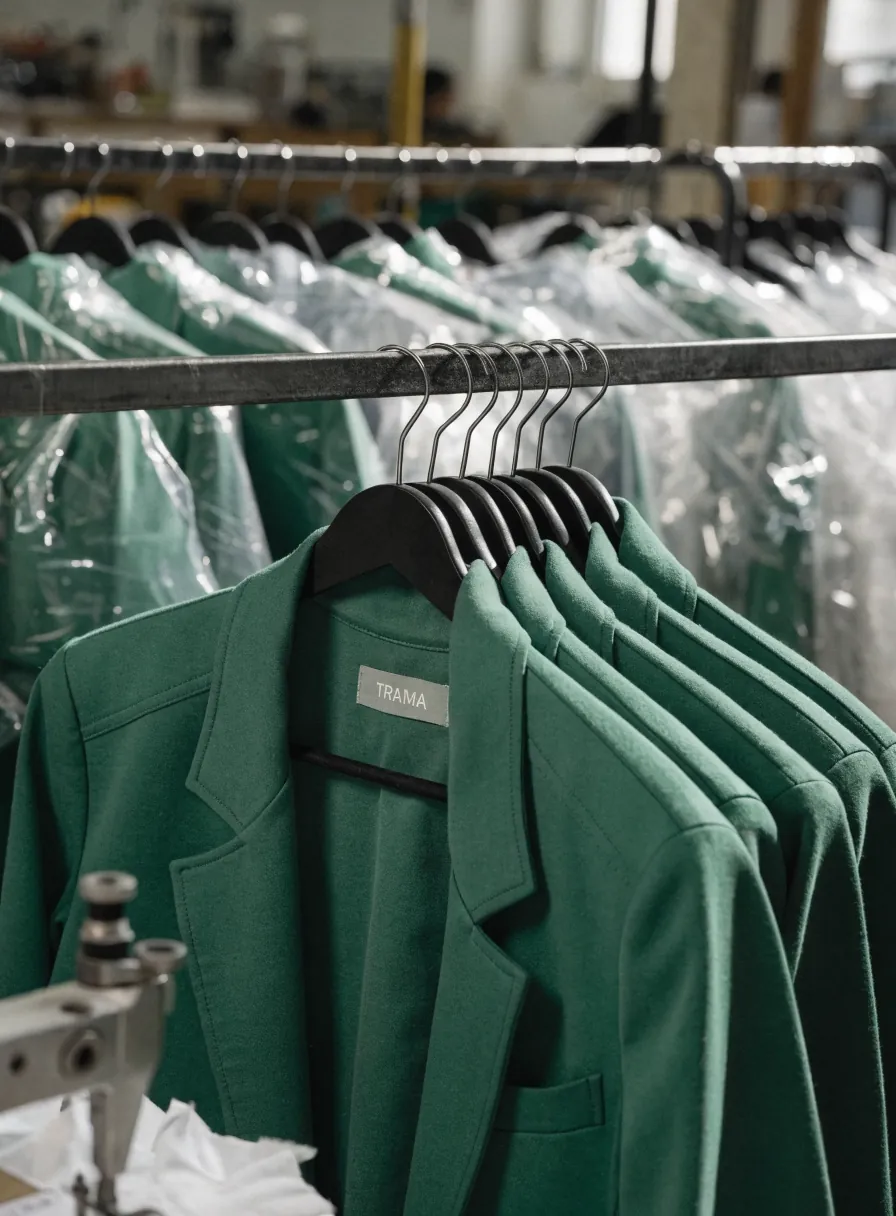 rack de sacos verdes TRAMA en fundas de plástico dentro del taller de confección, con la etiqueta de cuello a la vista y una máquina de coser al frente