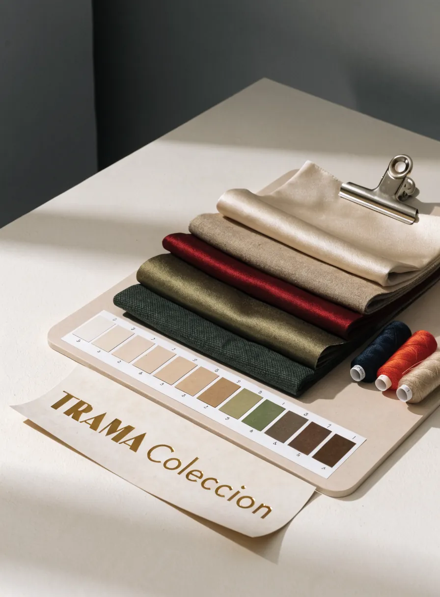 carta de telas TRAMA Colección con dobleces de lana en crema, vino, olivo y verde, un abanico Pantone de tonos y carretes de hilo azul, naranja y beige sobre una mesa
