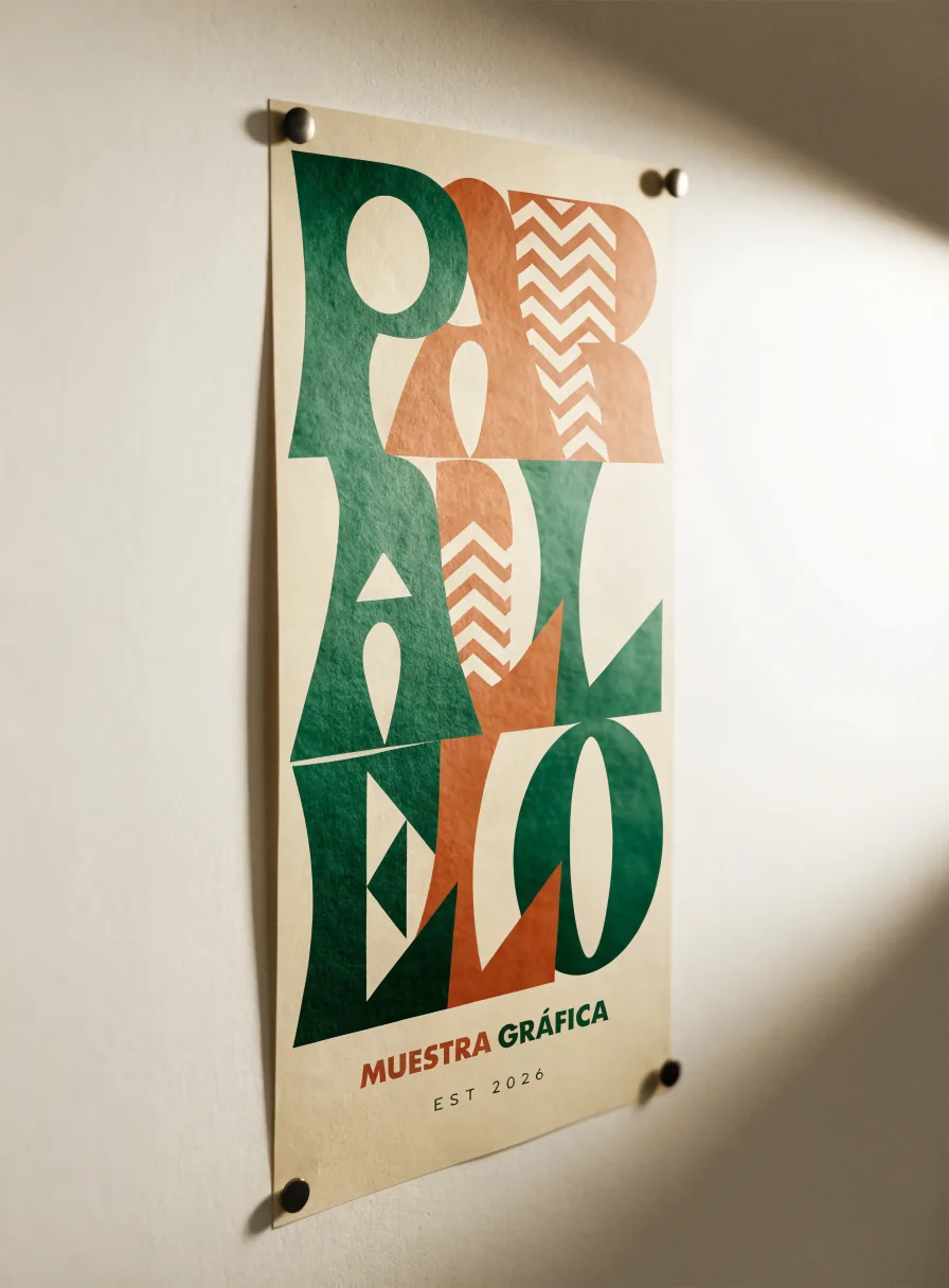 Cartel de campaña de la marca PARALELO con la palabra en tipografía geométrica monumental verde y terracota
