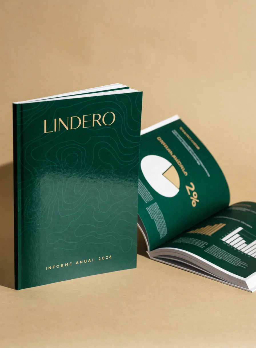 Informe anual con la cubierta verde y el nombre en foil, junto a un interior abierto