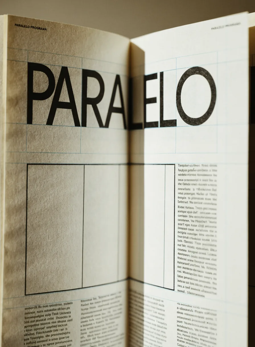 Doble página con un titular tipográfico enorme y una retícula de diagramación visible