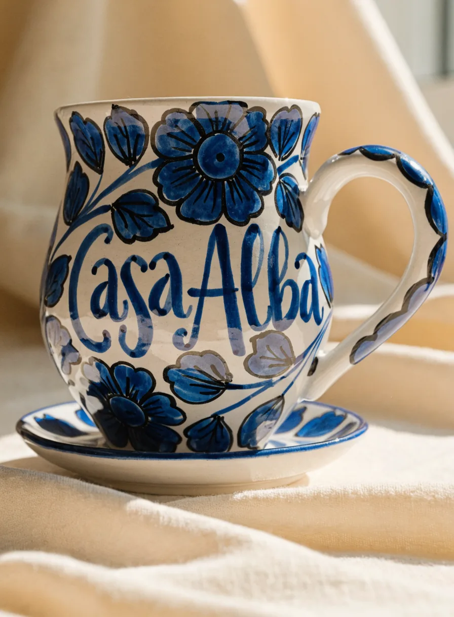 Taza de talavera pintada a mano en azul con flores y el nombre Casa Alba sobre su plato