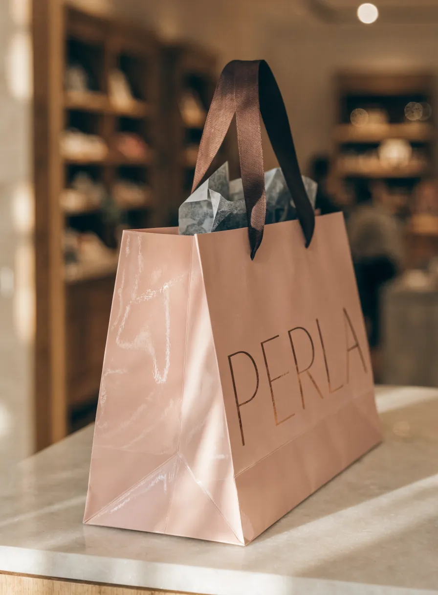 bolsa de tienda de papel rosa palo satinado con la marca Perla en foil cobre, asas de listón y papel de seda asomando, en una boutique