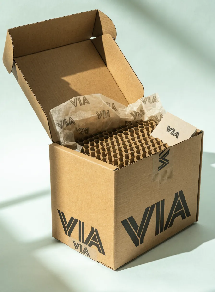 caja mailer de cartón kraft corrugado abierta, impresa con la marca Via, con papel de china de marca y relleno de panal de cartón adentro
