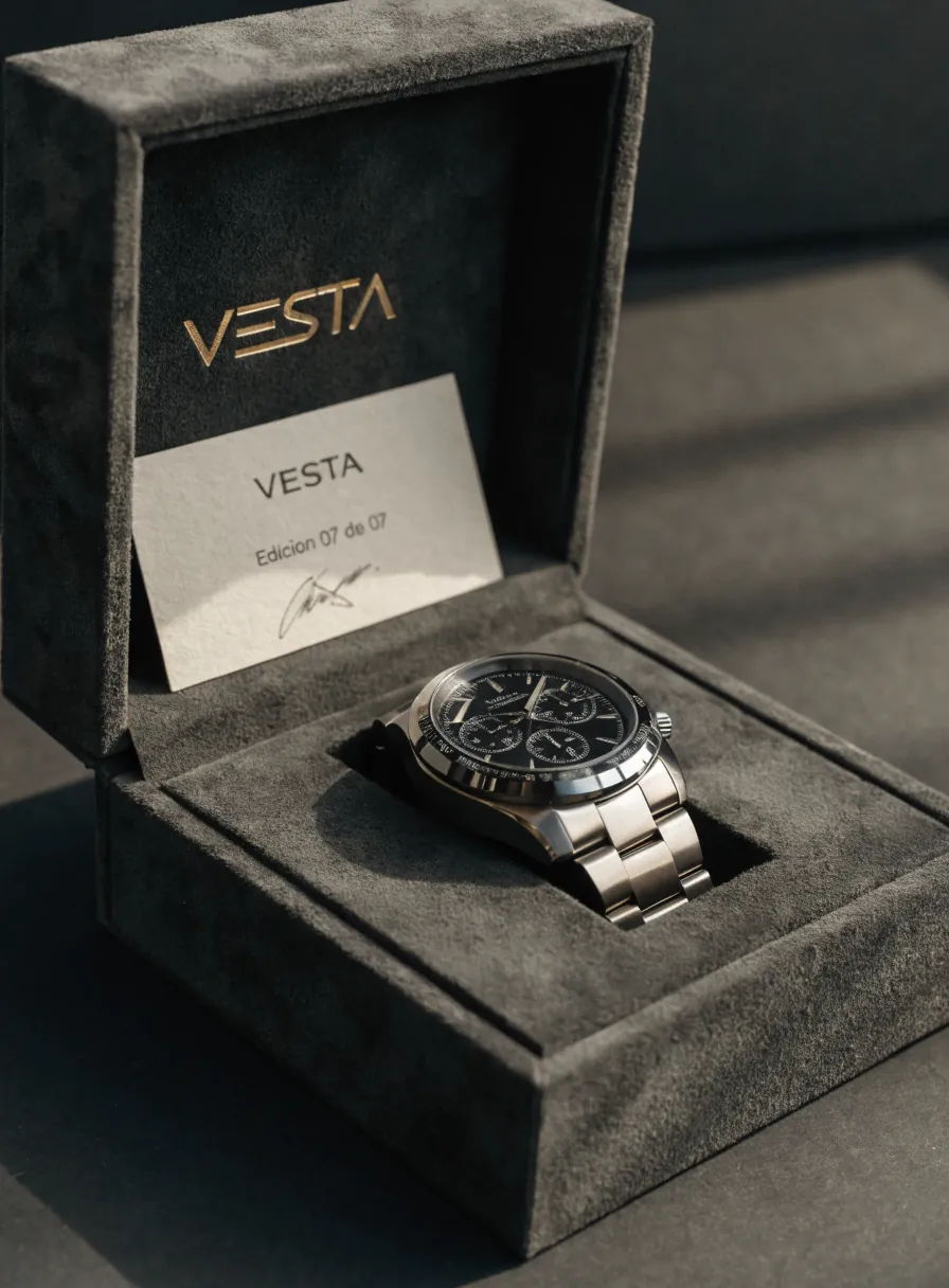 estuche de gamuza gris abierto con la marca Vesta en foil oro en la tapa, un reloj anidado en una cavidad troquelada a su forma y una tarjeta de edición numerada firmada a mano