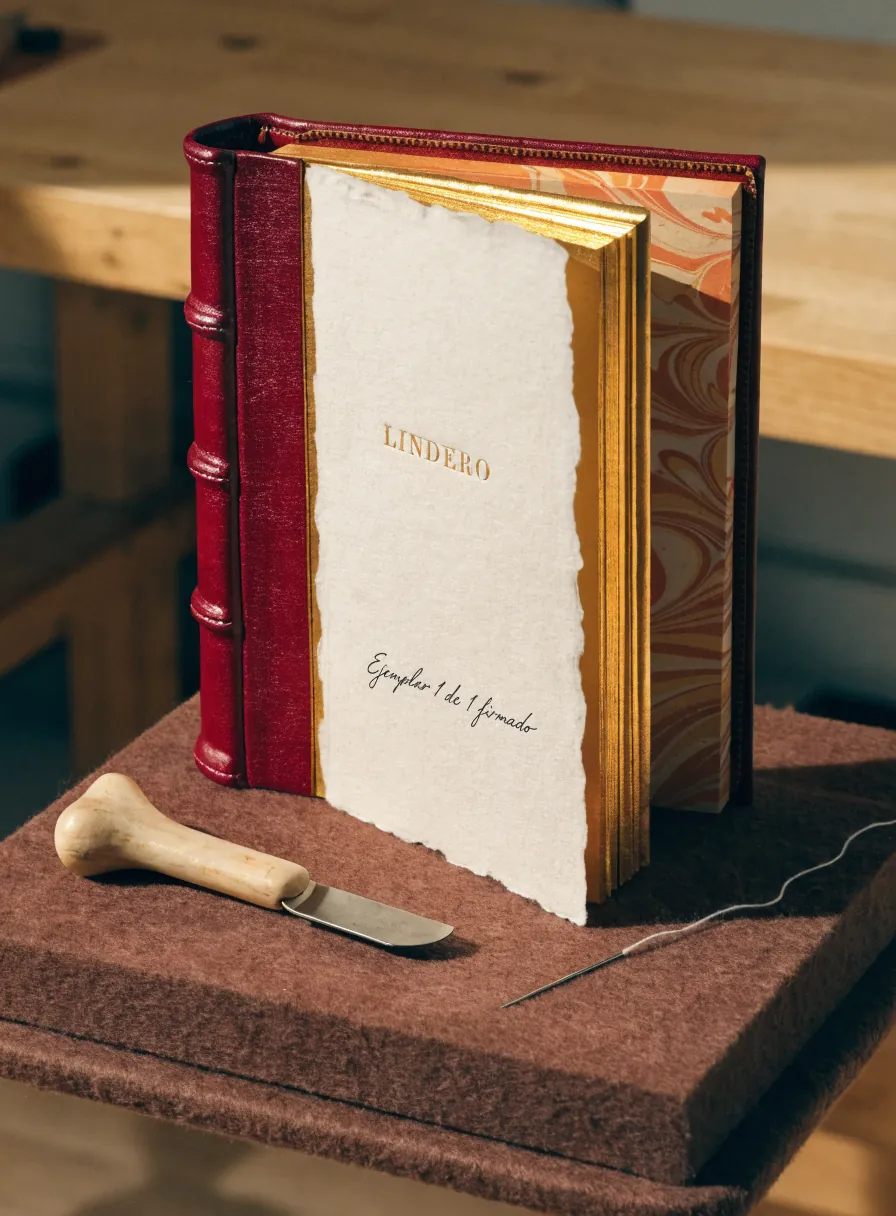 libro empastado a mano con lomo de piel vino y nervios, cantos dorados y guardas marmoladas, con una etiqueta de papel de barba LINDERO y Ejemplar 1 de 1 firmado, junto a una plegadera de hueso