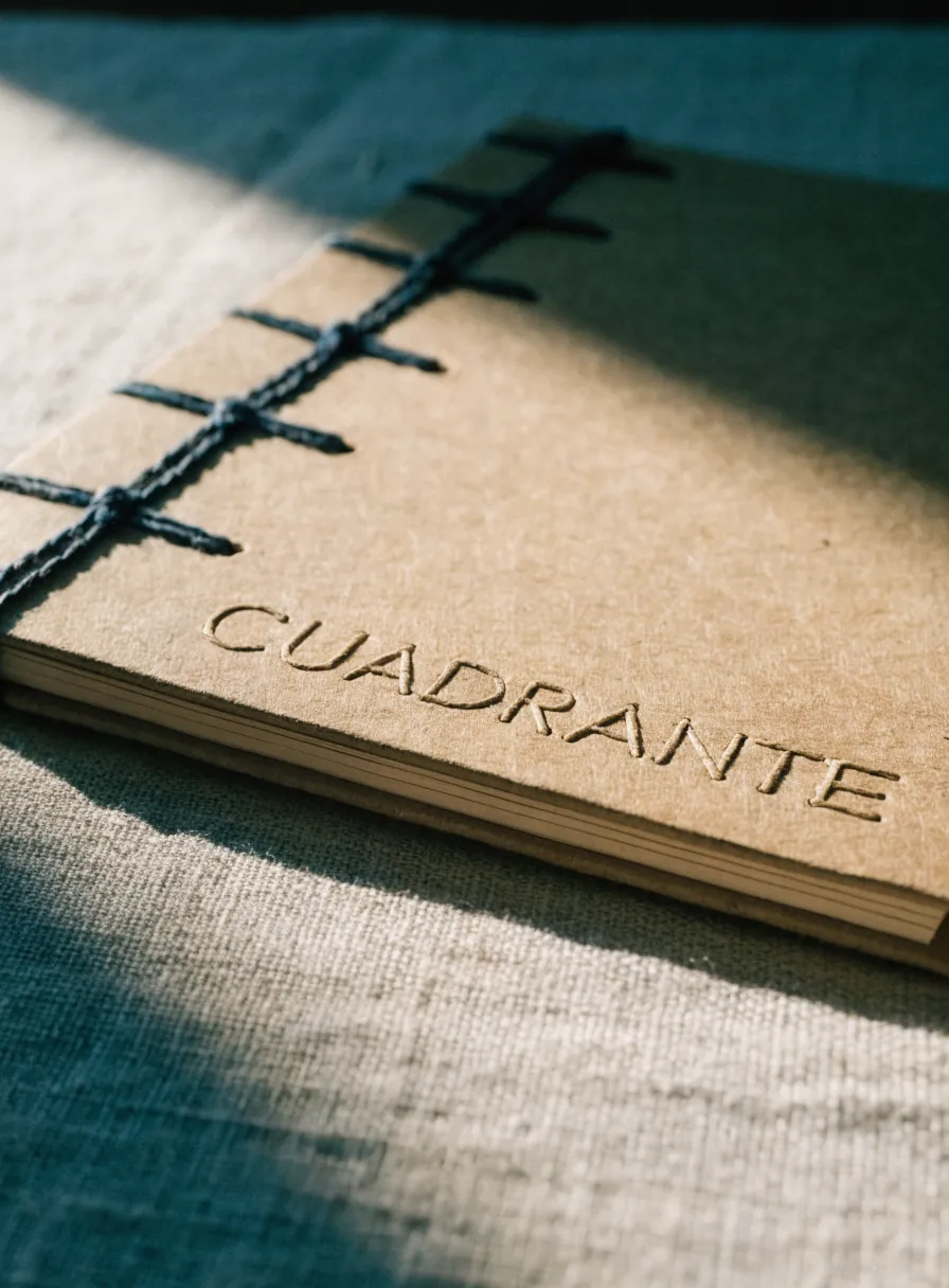 cuaderno de tapa kraft con encuadernación japonesa de costura vista en hilo azul marino en forma de retícula sobre el lomo y el nombre CUADRANTE en hueco seco