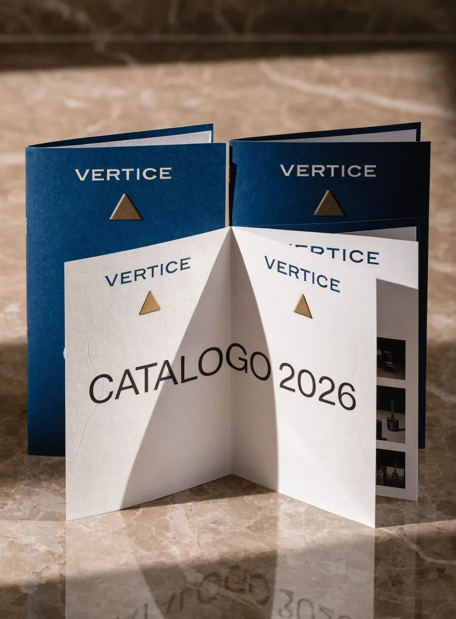 trípticos y catálogo Vertice 2026 en papel, varios ejemplares en azul marino y blanco de pie sobre una superficie de mármol