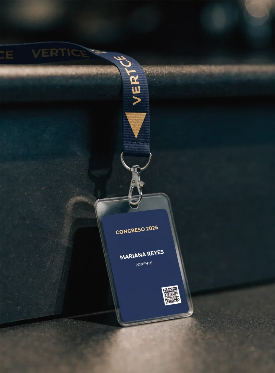 gafete de congreso en porta-gafete transparente con el nombre Mariana Reyes, el rol Ponente, la marca Vertice y un código QR, colgado de un lanyard azul marino tejido
