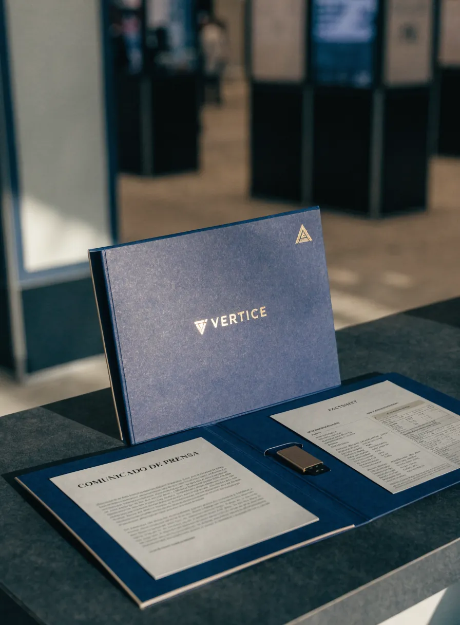 carpeta de prensa azul marino con la marca ficticia Vertice en foil dorado, abierta sobre un mostrador con el comunicado de prensa, el factsheet y una memoria USB, en un pabellón de expo