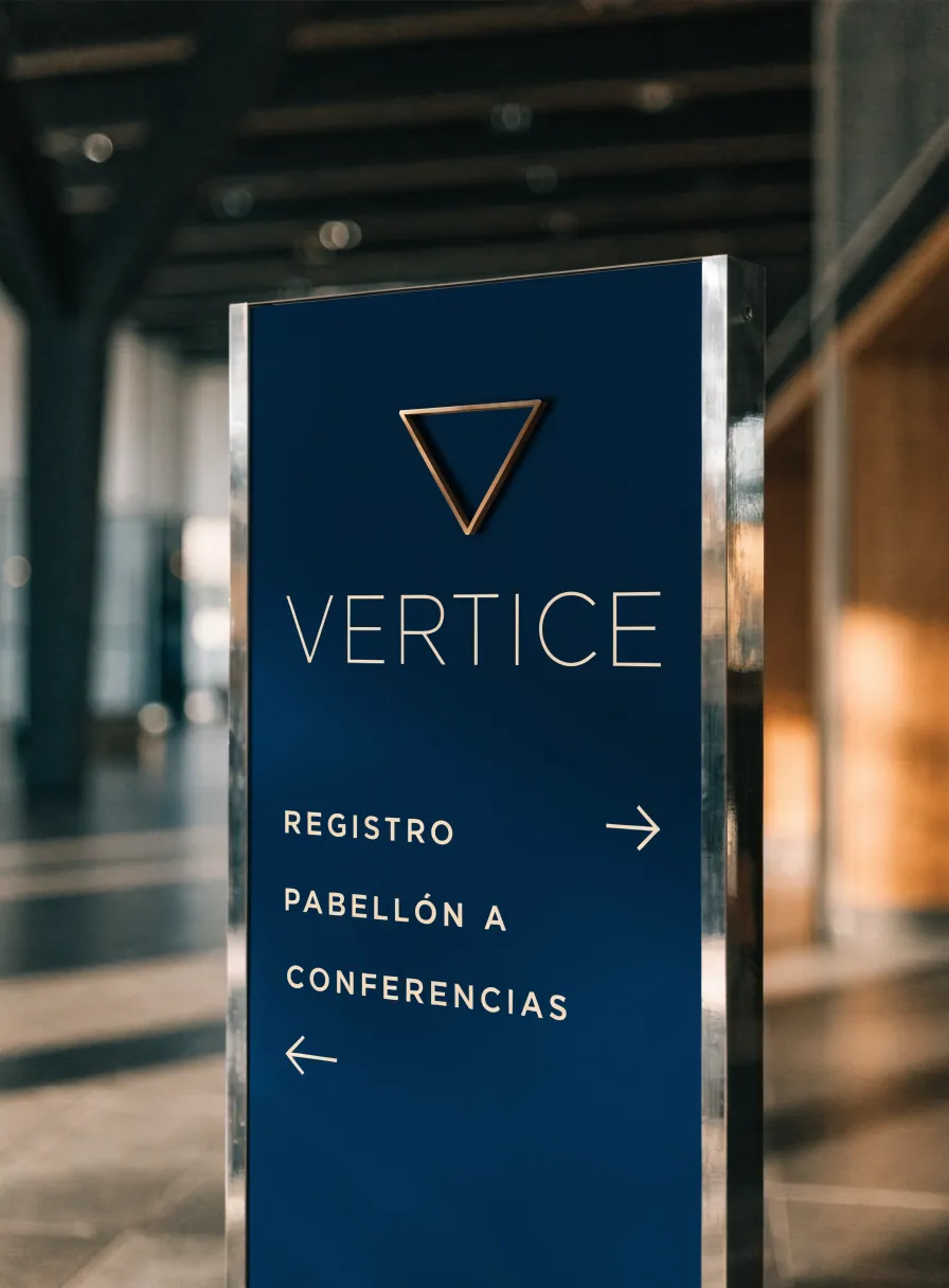 tótem de señalética azul marino con la marca Vertice y direcciones a Registro, Pabellón A y Conferencias con flechas, de pie en el lobby de un pabellón de expo