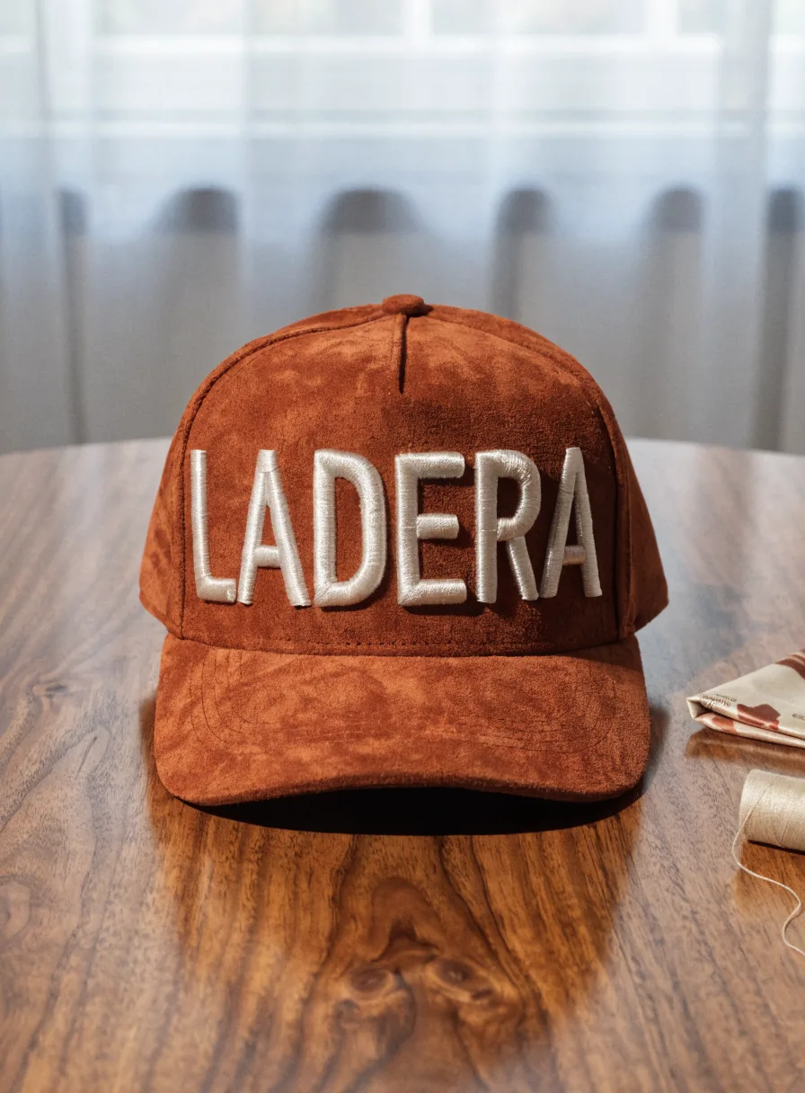 gorra de seis paneles en ante terracota vista de frente sobre una mesa de nogal, con la marca ficticia LADERA bordada al frente en relieve tridimensional con hilo crema, junto a un cuadro doblado de la seda estampada que la forra por dentro y un carrete de hilo crema