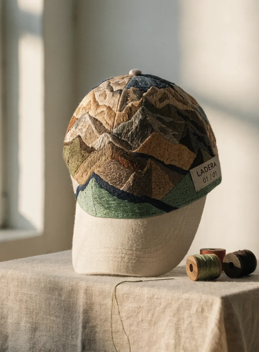 gorra de lona color hueso con toda la copa bordada a mano con una cordillera en varios grosores de hilo, con puntada de satén, punto largo y corto y nudos franceses a la vista, con una etiqueta tejida lateral de la marca ficticia LADERA y la numeración 01 01, junto a una aguja enhebrada y tres carretes de madera