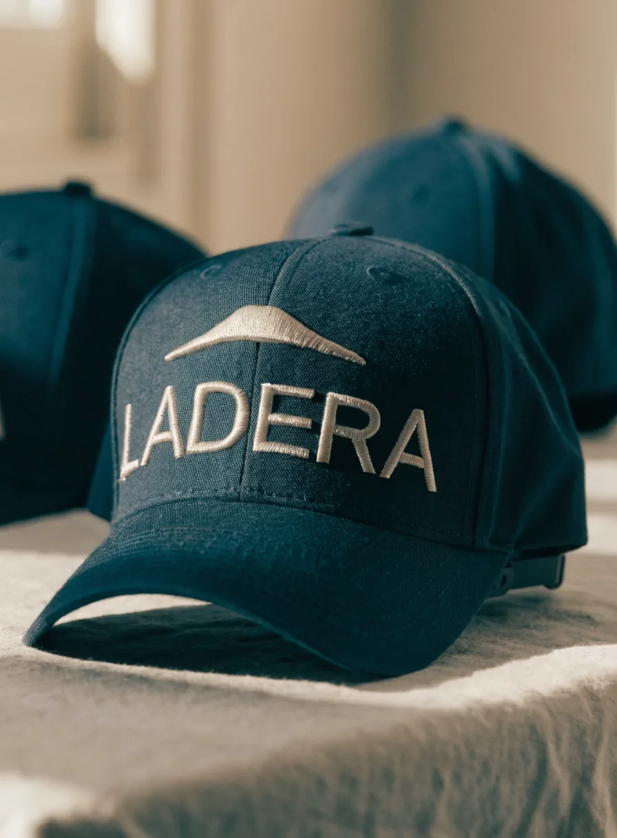 Gorra de sarga azul marino con el nombre bordado en punto satinado color hueso, acompañada de dos piezas iguales de la misma tanda.