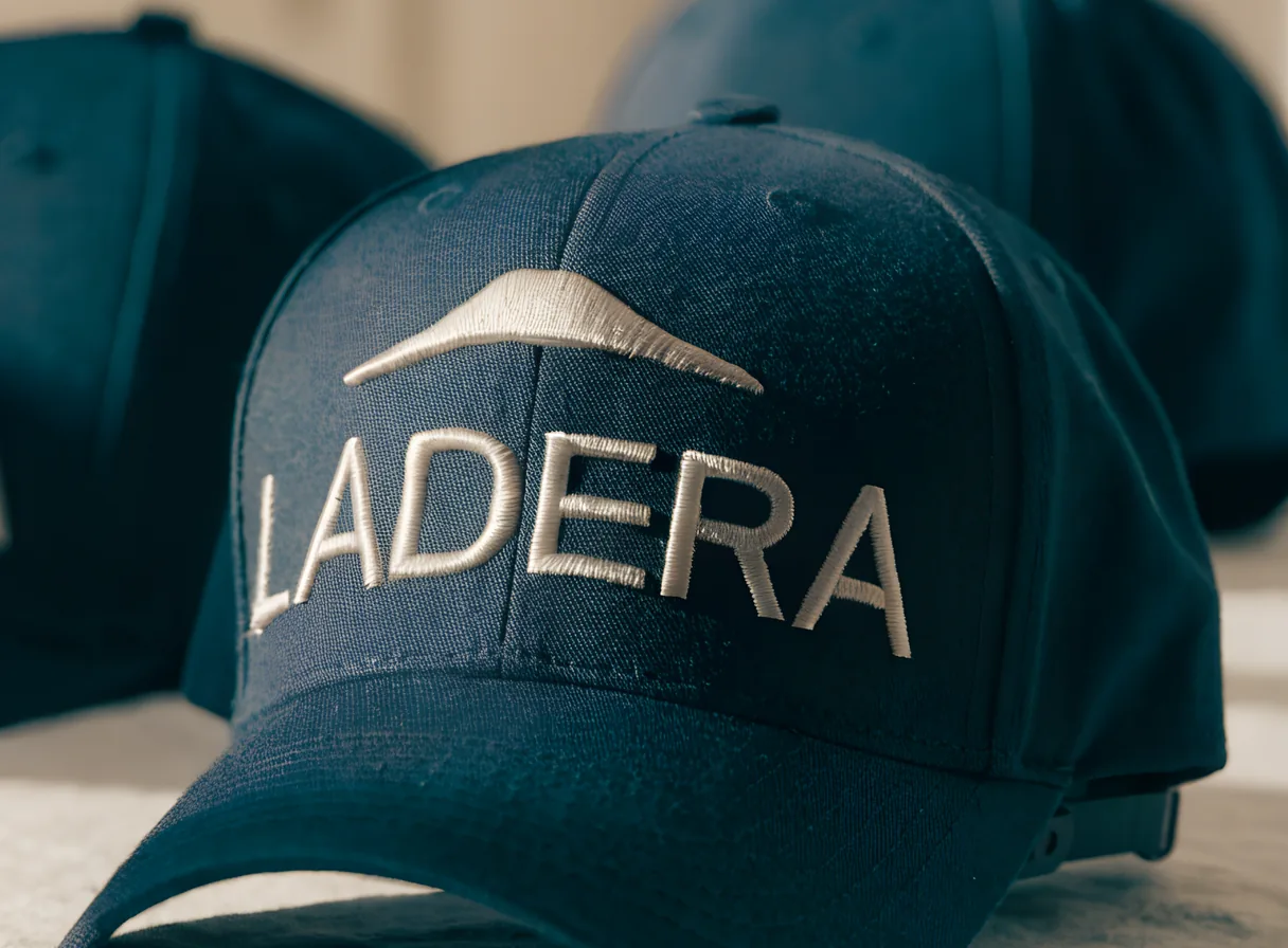 gorra estructurada de seis paneles en sarga azul marino con la marca ficticia LADERA bordada al frente en hilo crema y una cresta de montaña bordada arriba, sobre lino claro