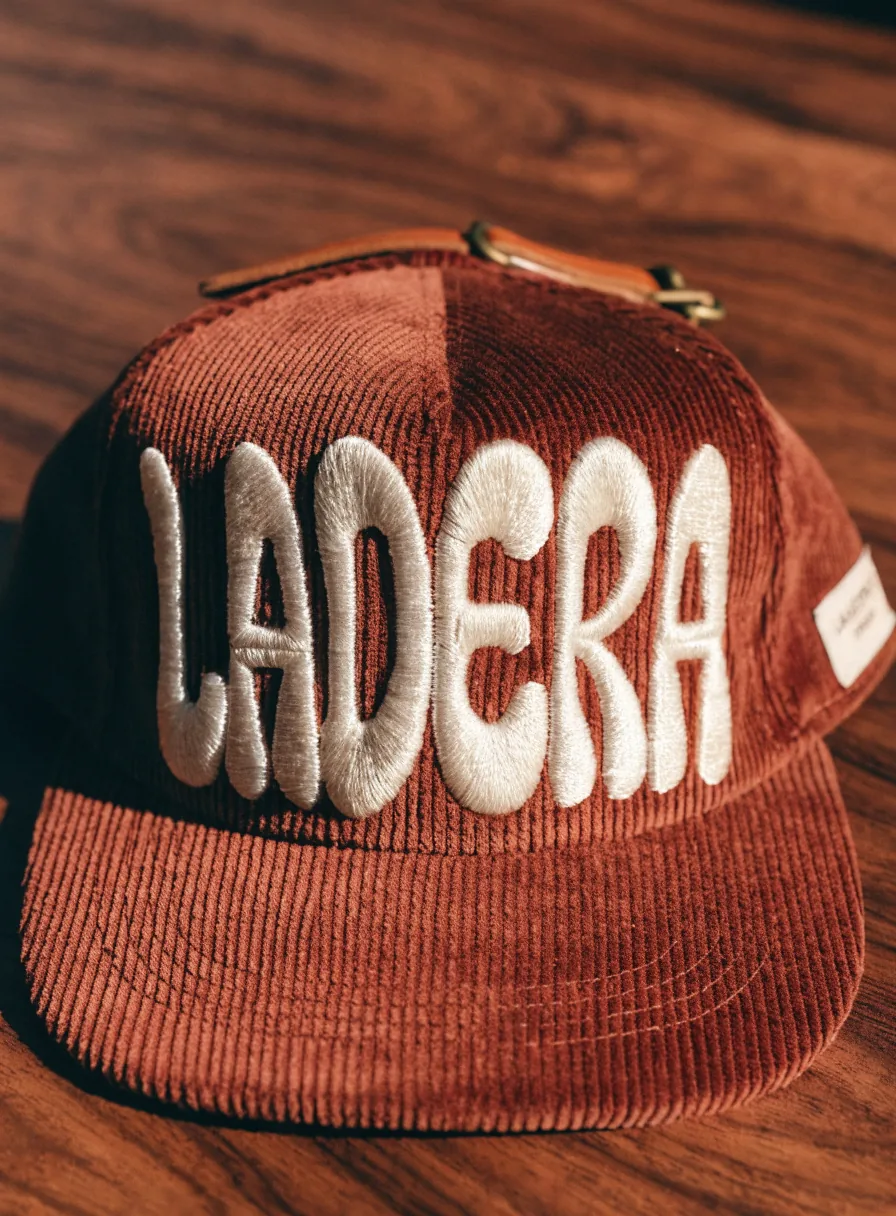 Gorra de pana terracota con el nombre bordado en relieve alto sobre espuma con hilo crudo, sobre un tablón de madera.