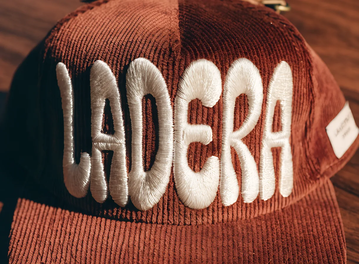 gorra de pana color terracota sobre nogal, con la marca ficticia LADERA bordada al frente en relieve tridimensional con hilo crema y una etiqueta tejida cosida al panel lateral