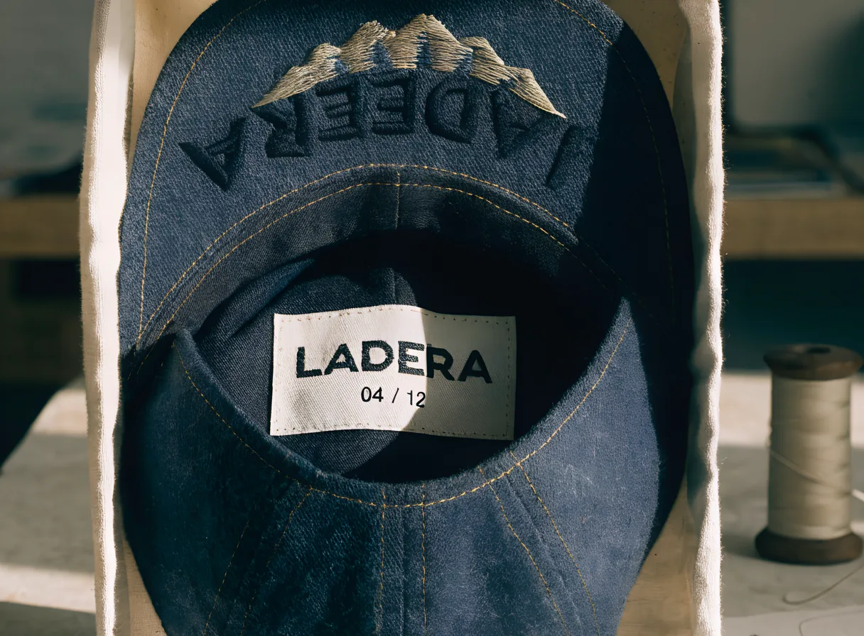 gorra de lona teñida a mano en índigo dentro de una caja a la medida forrada de algodón crudo, con los paneles pespuntados a mano en hilo olivo y una etiqueta tejida en la copa con la marca ficticia LADERA y la numeración 04 12