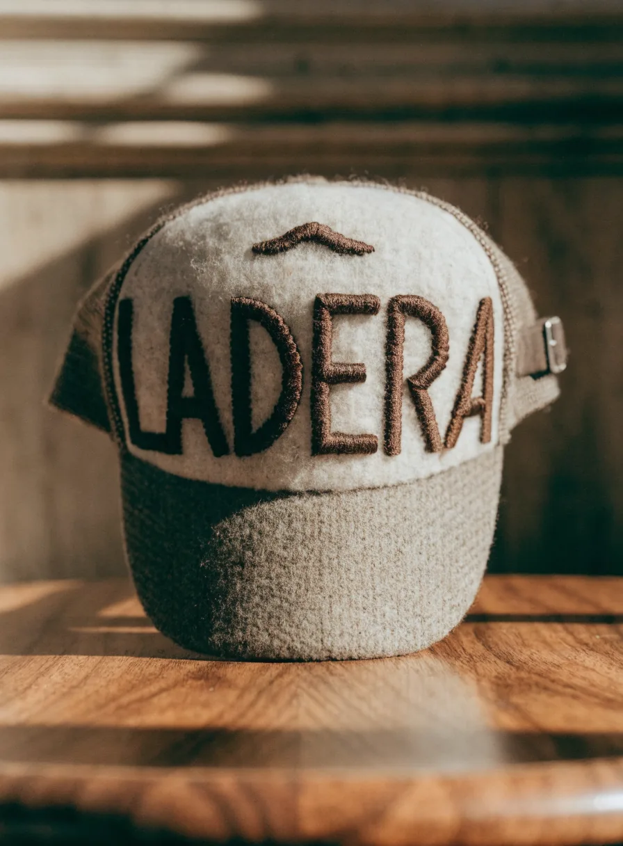 gorra de mezcla de lana color avena con frente de fieltro, de pie sobre nogal, con la marca ficticia LADERA bordada en cadeneta con hilo chocolate y una cresta de montaña arriba, y hebilla metálica atrás