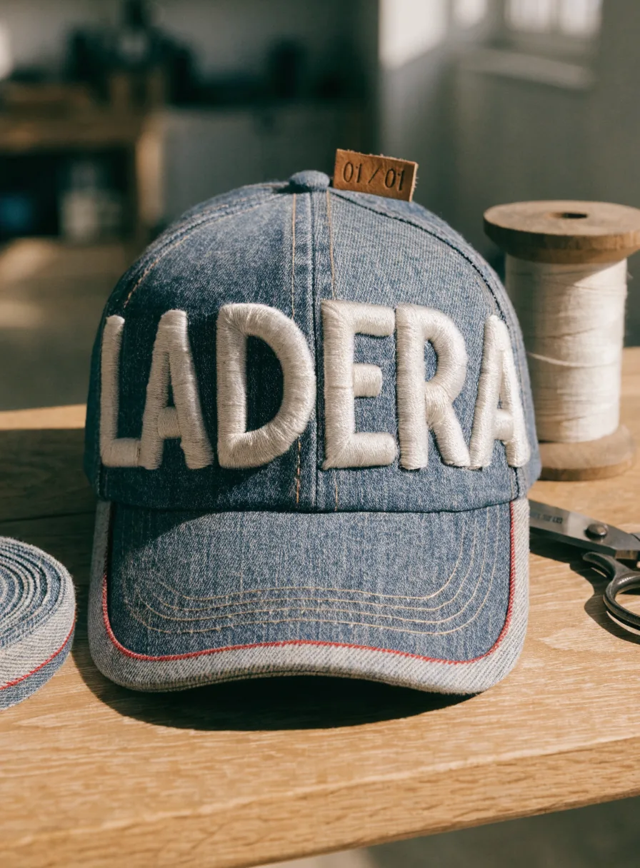 gorra armada con mezclilla selvedge cruda sobre un banco de roble, con el orillo rojo del telar a la vista en la unión del frente y en el ribete de la visera, la marca ficticia LADERA bordada a mano en realce con hilo crudo, una etiqueta de piel atrás marcada 01 01, y un tramo de la misma mezclilla, un carrete de madera y unas tijeras de sastre al lado