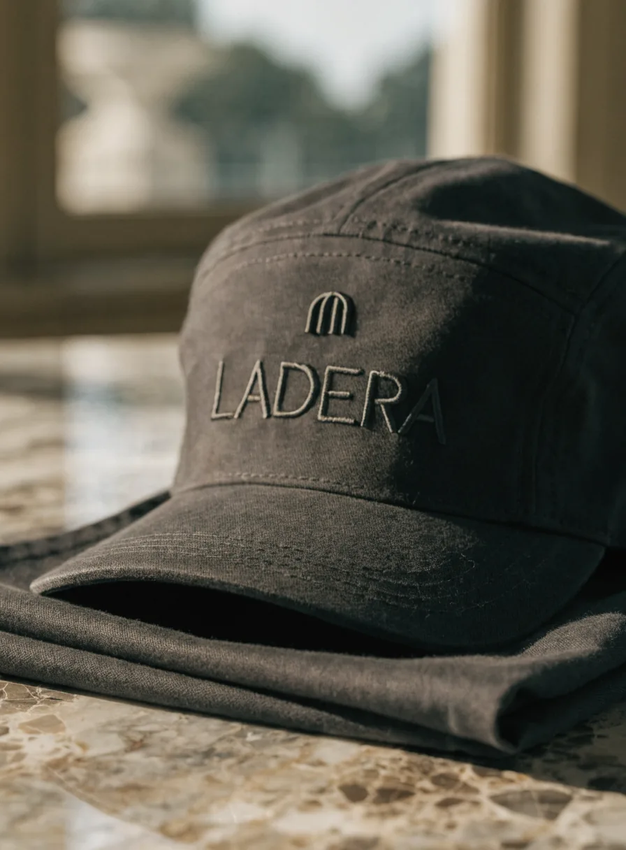 gorra de lona carbón sobre una barra de mármol junto a un mandil doblado de la misma tela, con la marca ficticia LADERA bordada al frente en hilo del mismo tono y una cresta de montaña arriba