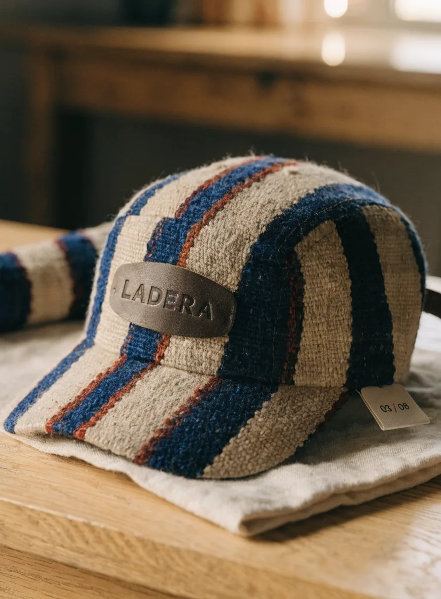 gorra armada con paneles cortados de tela de telar de cintura en franjas naturales, índigo y grana cochinilla, sobre una bolsa de algodón doblada, con una etiqueta de piel al frente que lleva grabada la marca ficticia LADERA y una etiqueta de tela colgando con la numeración 03 08