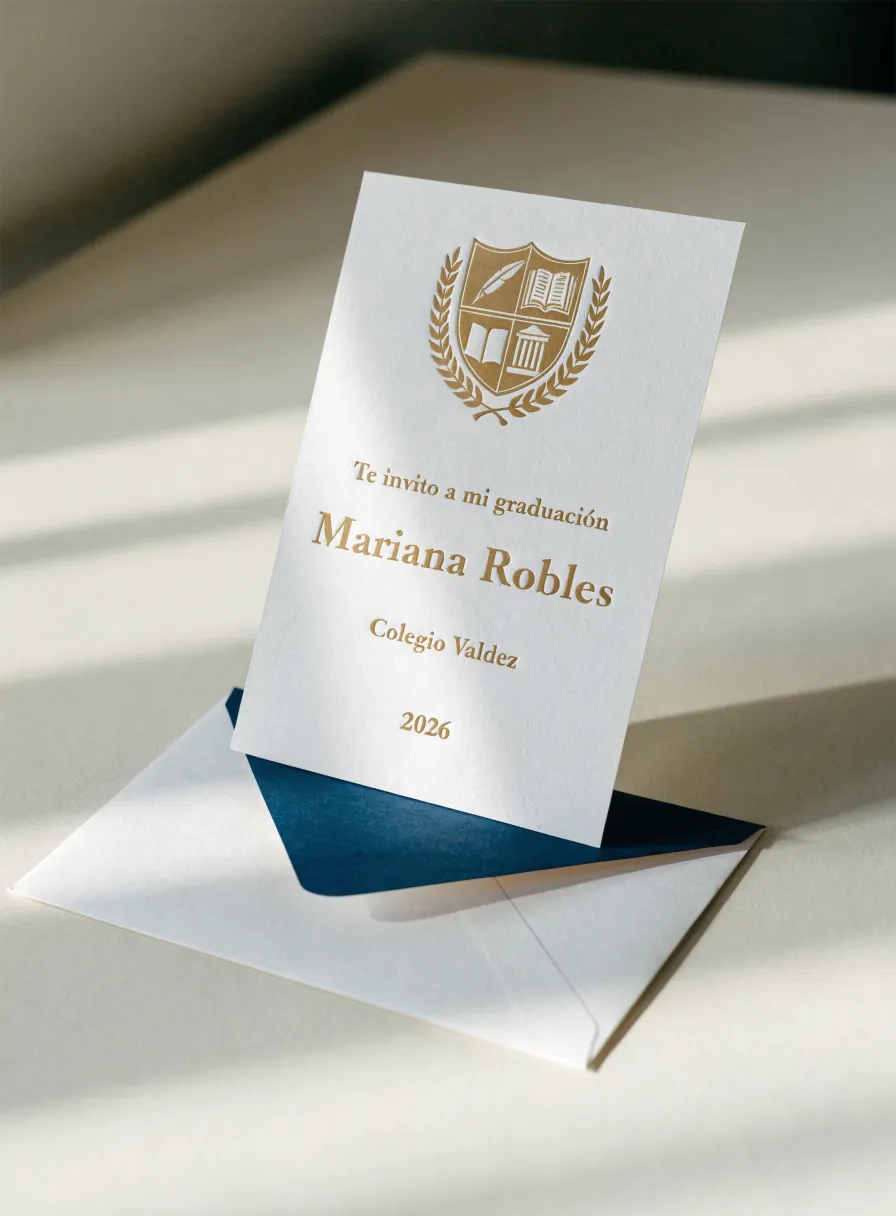 anuncio de graduación en cartulina crema con el escudo del colegio y el nombre de la egresada en foil dorado, junto a un sobre forrado de azul