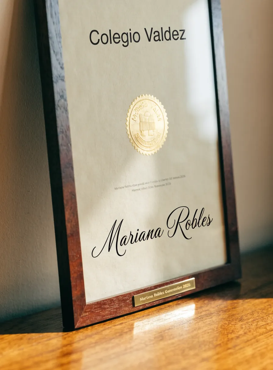 diploma enmarcado del Colegio Valdez con sello dorado en relieve y el nombre Mariana Robles en caligrafía, con placa de latón de la generación