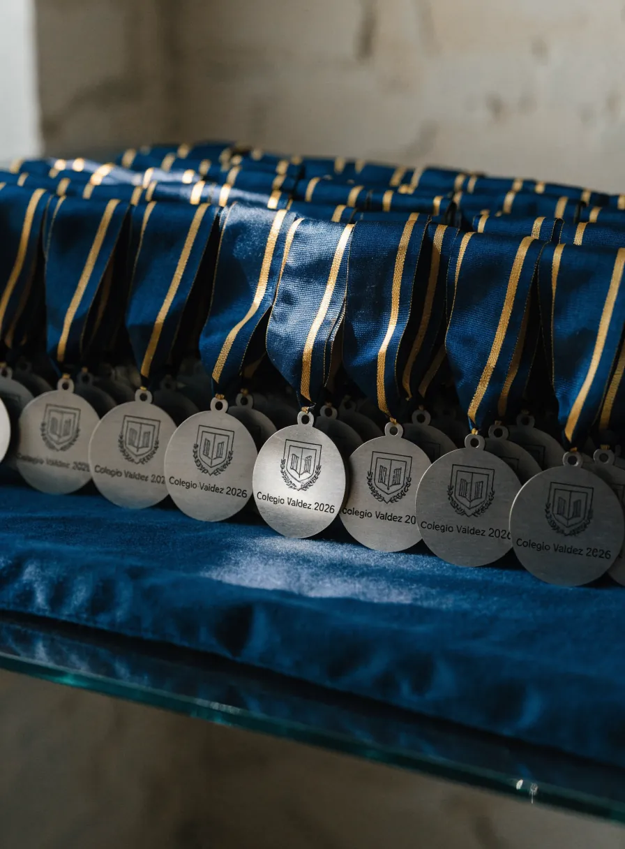 hilera de medallas de acero grabadas con el escudo y el nombre de un colegio ficticio y el año, colgadas de listones azules con franja dorada sobre una charola de terciopelo