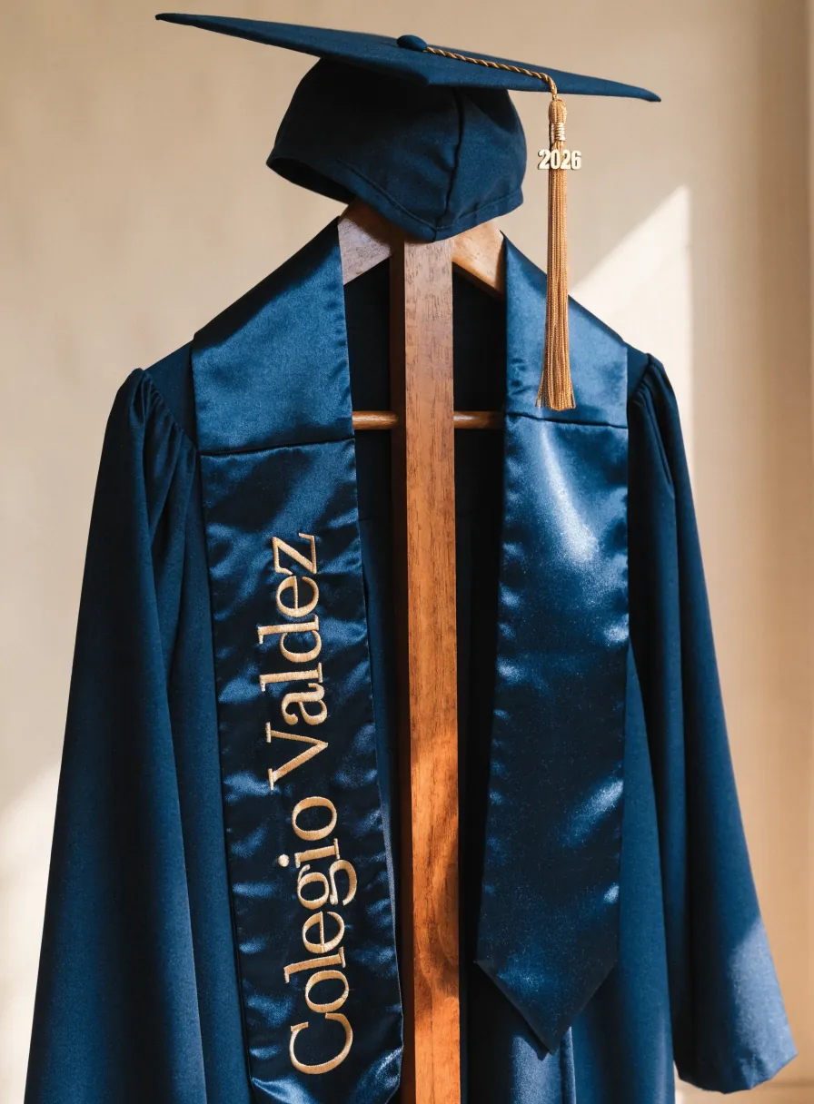 toga y birrete azul marino con estola de honor bordada Colegio Valdez en dorado y la borla del año, en un perchero de madera