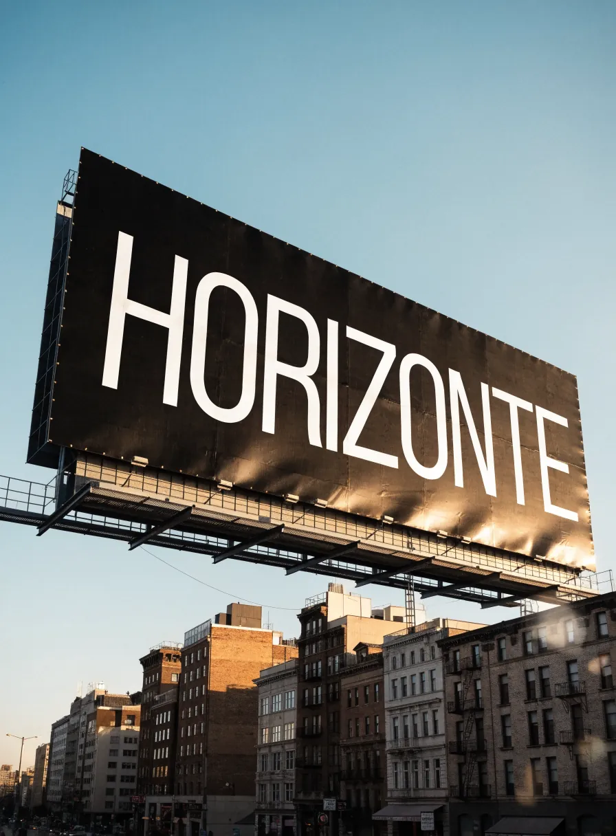 espectacular de gran formato con la marca HORIZONTE en letras blancas sobre fondo oscuro, elevado sobre una avenida al atardecer
