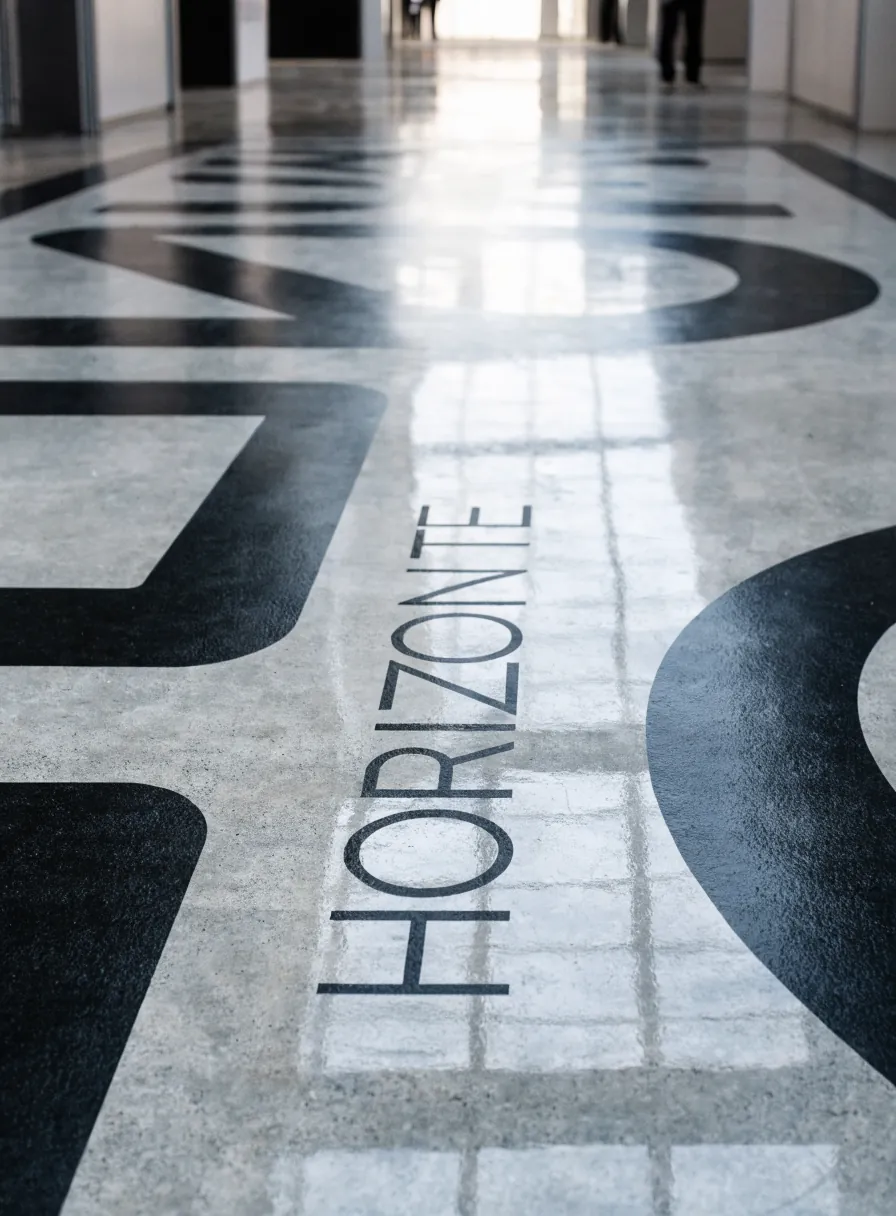 gráfica de piso en vinil con letras y formas oscuras y la marca ficticia Horizonte, aplicada sobre el piso pulido de un pasillo