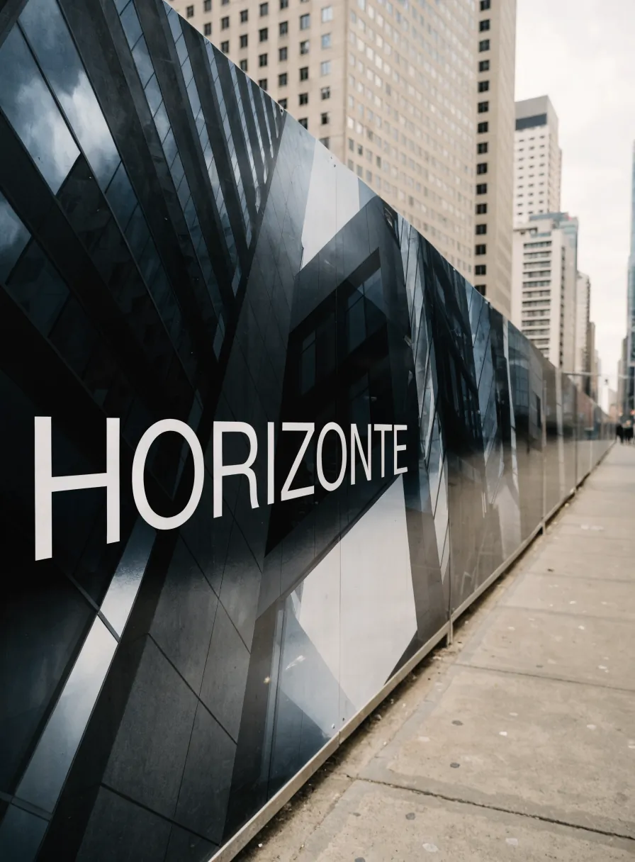valla perimetral de obra impresa con el render de una torre de cristal y la marca ficticia Horizonte en letras blancas, a lo largo de una banqueta de la ciudad