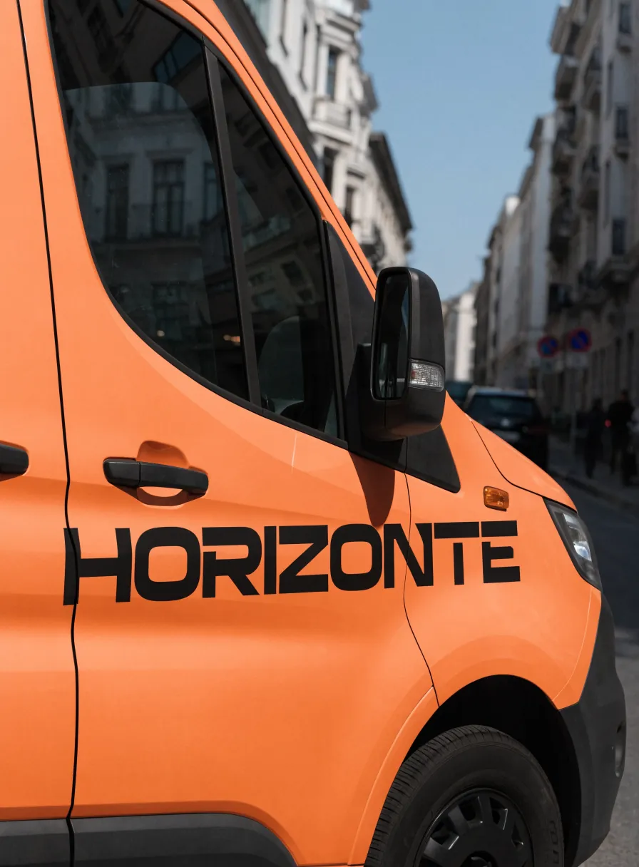 camioneta de reparto naranja con la marca HORIZONTE rotulada en vinil negro en el costado, en una calle