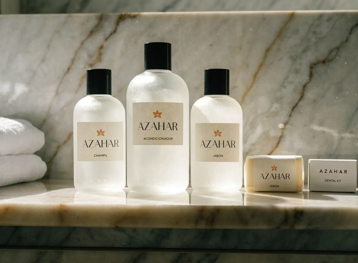 juego de amenidades de baño en frascos de vidrio esmerilado con la marca Azahar, champú, acondicionador, jabón y kit dental, sobre una repisa de mármol con toallas