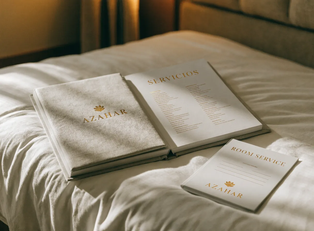 directorio de servicios abierto con la marca Azahar en foil dorado y una tarjeta de room service, sobre la cama de una habitación