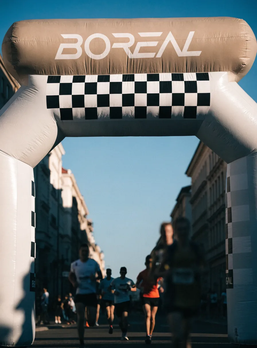 arco de meta inflable color arena con tu marca en blanco y una franja a cuadros, con corredores pasando debajo en una calle